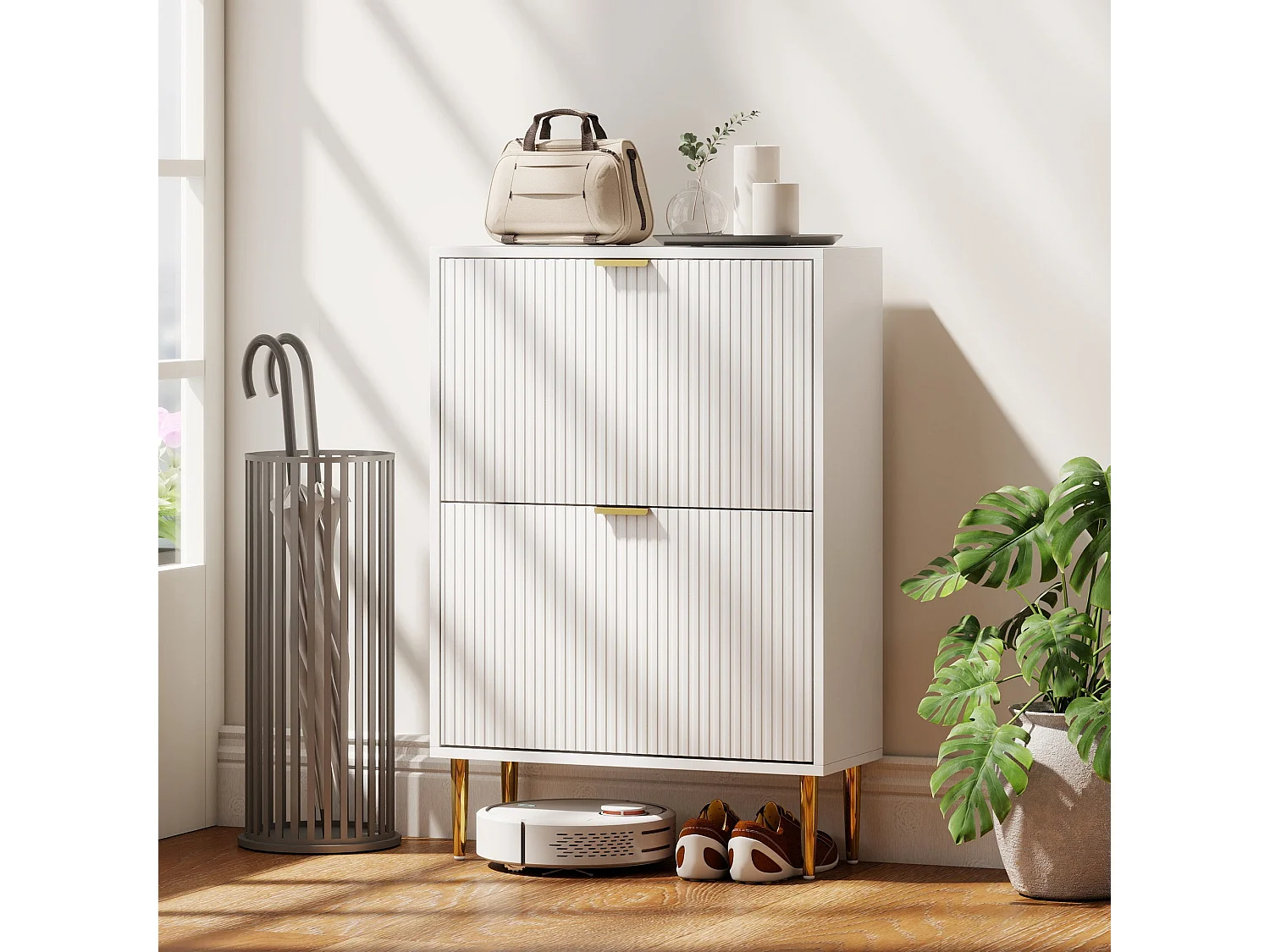 Baviva White 2 Drawer Shoe Cabinet with Ribbed Front and Gold Tone Accents