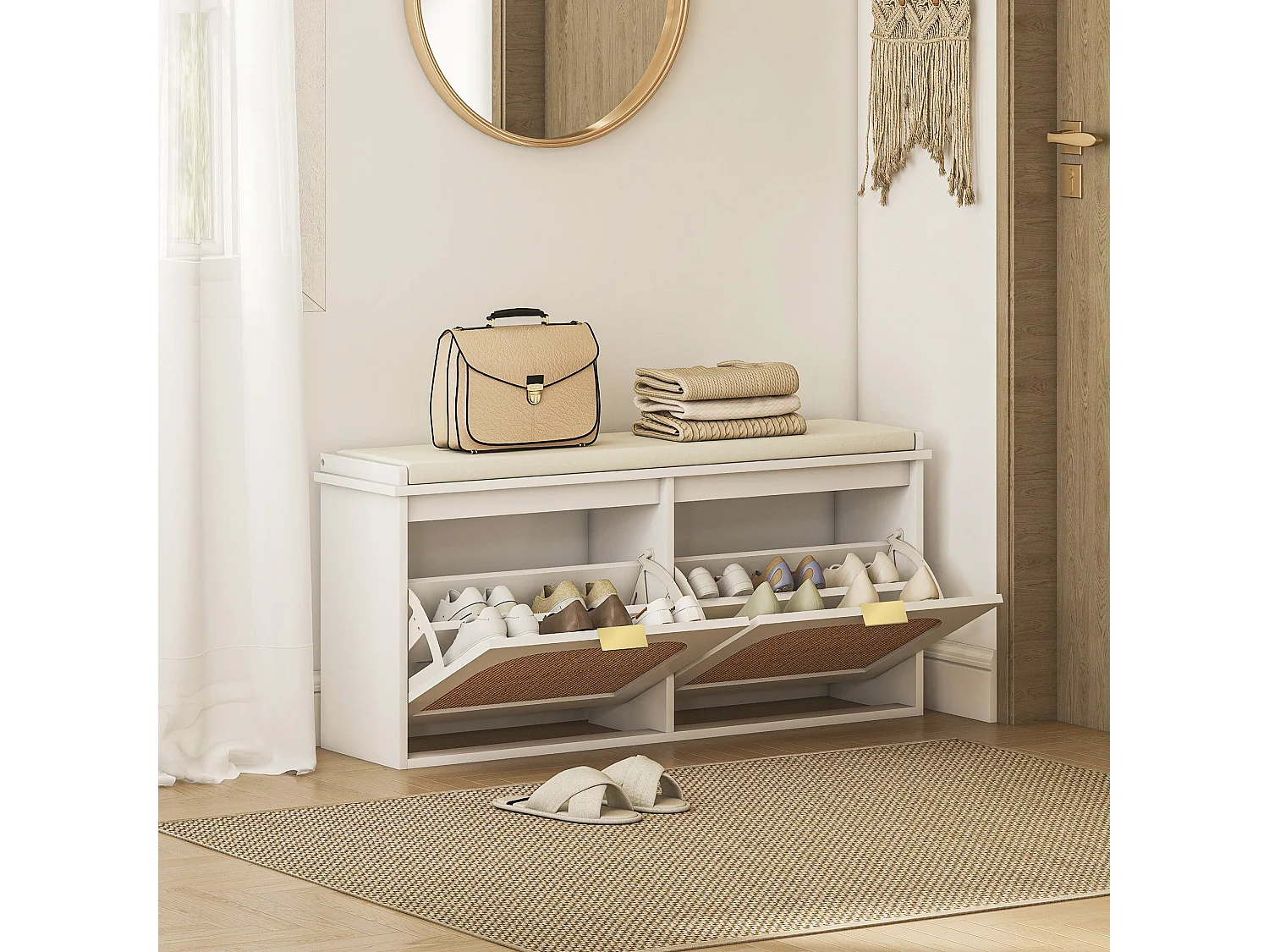 Hano White Boho Shoe Bench with Cushioned Seat and 2 Flip Drawers