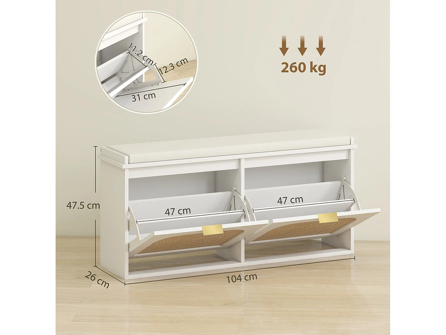 Hano White Boho Shoe Bench with Cushioned Seat and 2 Flip Drawers