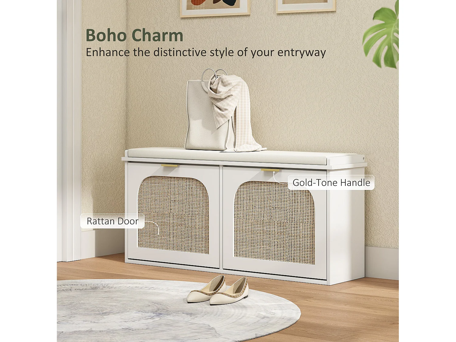 Hano White Boho Shoe Bench with Cushioned Seat and 2 Flip Drawers
