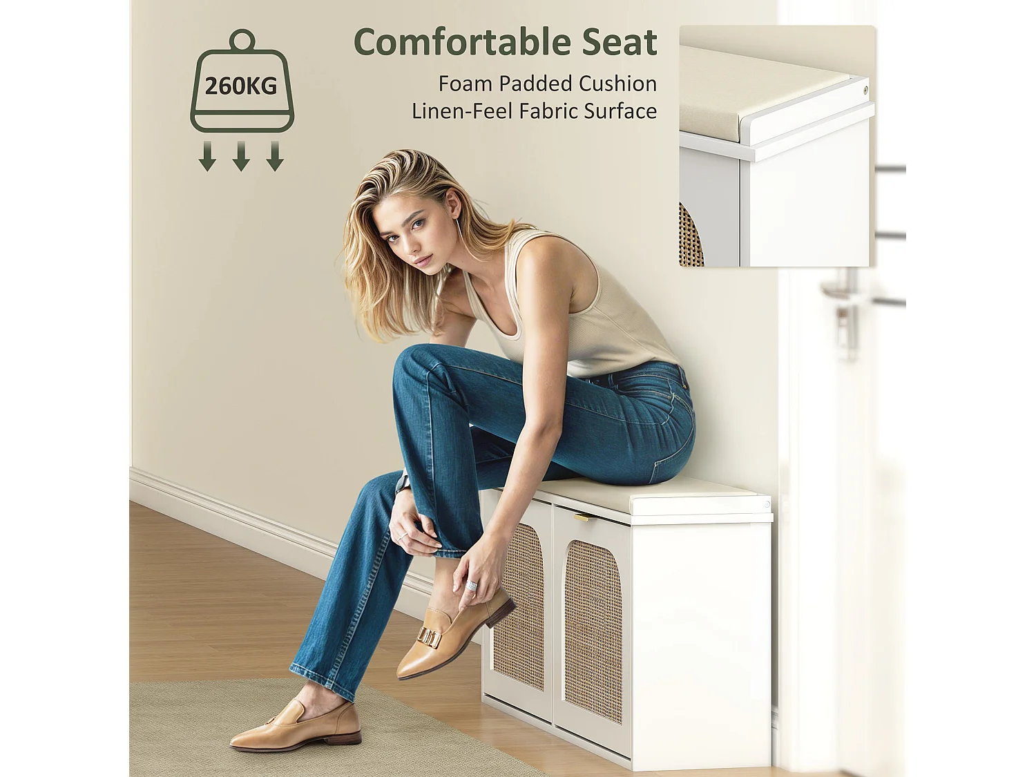 Hano White Boho Shoe Bench with Cushioned Seat and 2 Flip Drawers
