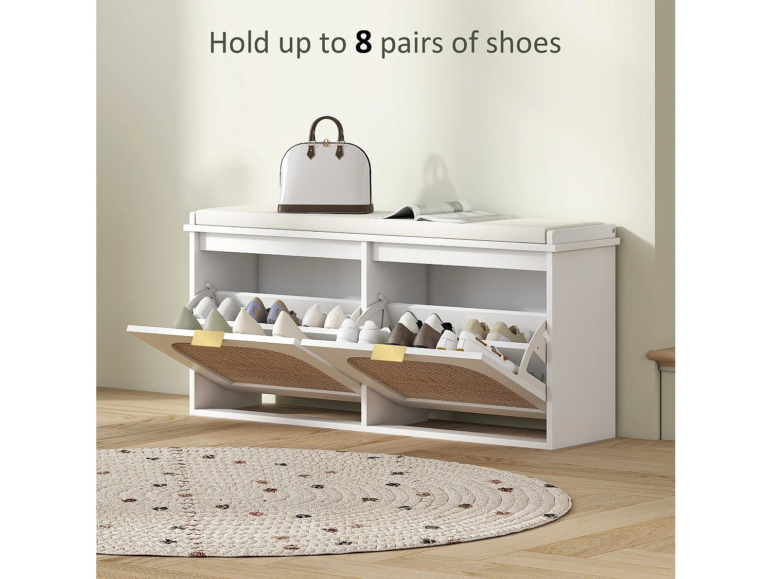 Hano White Boho Shoe Bench with Cushioned Seat and 2 Flip Drawers
