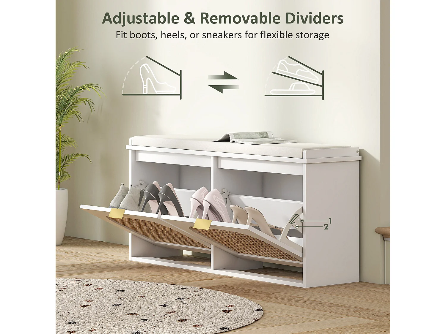 Hano White Boho Shoe Bench with Cushioned Seat and 2 Flip Drawers