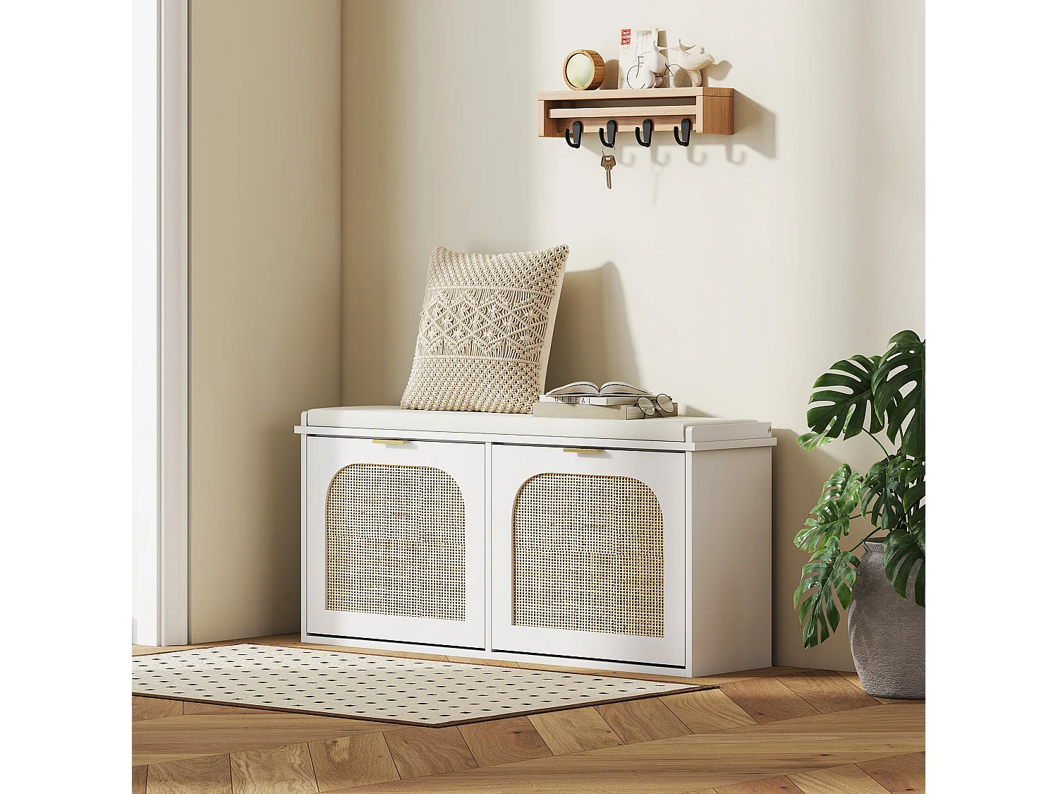 Hano White Boho Shoe Bench with Cushioned Seat and 2 Flip Drawers