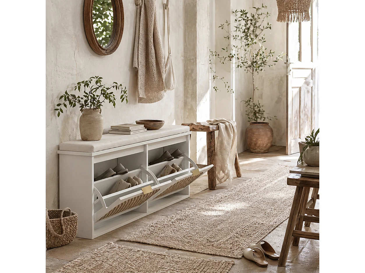 Hano White Boho Shoe Bench with Cushioned Seat and 2 Flip Drawers