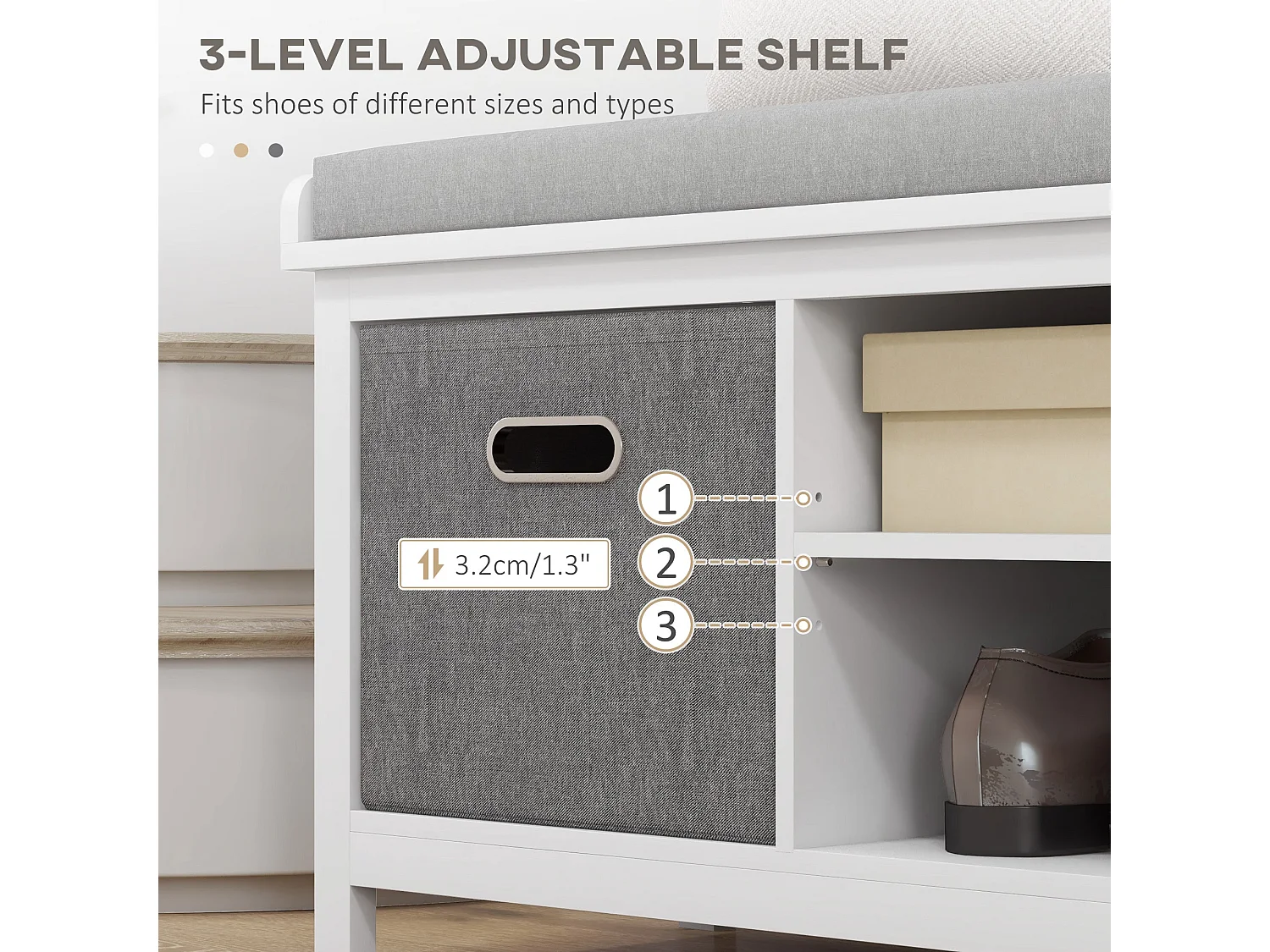 Keso Shoe Storage Bench White and Grey with Cushioned Seat