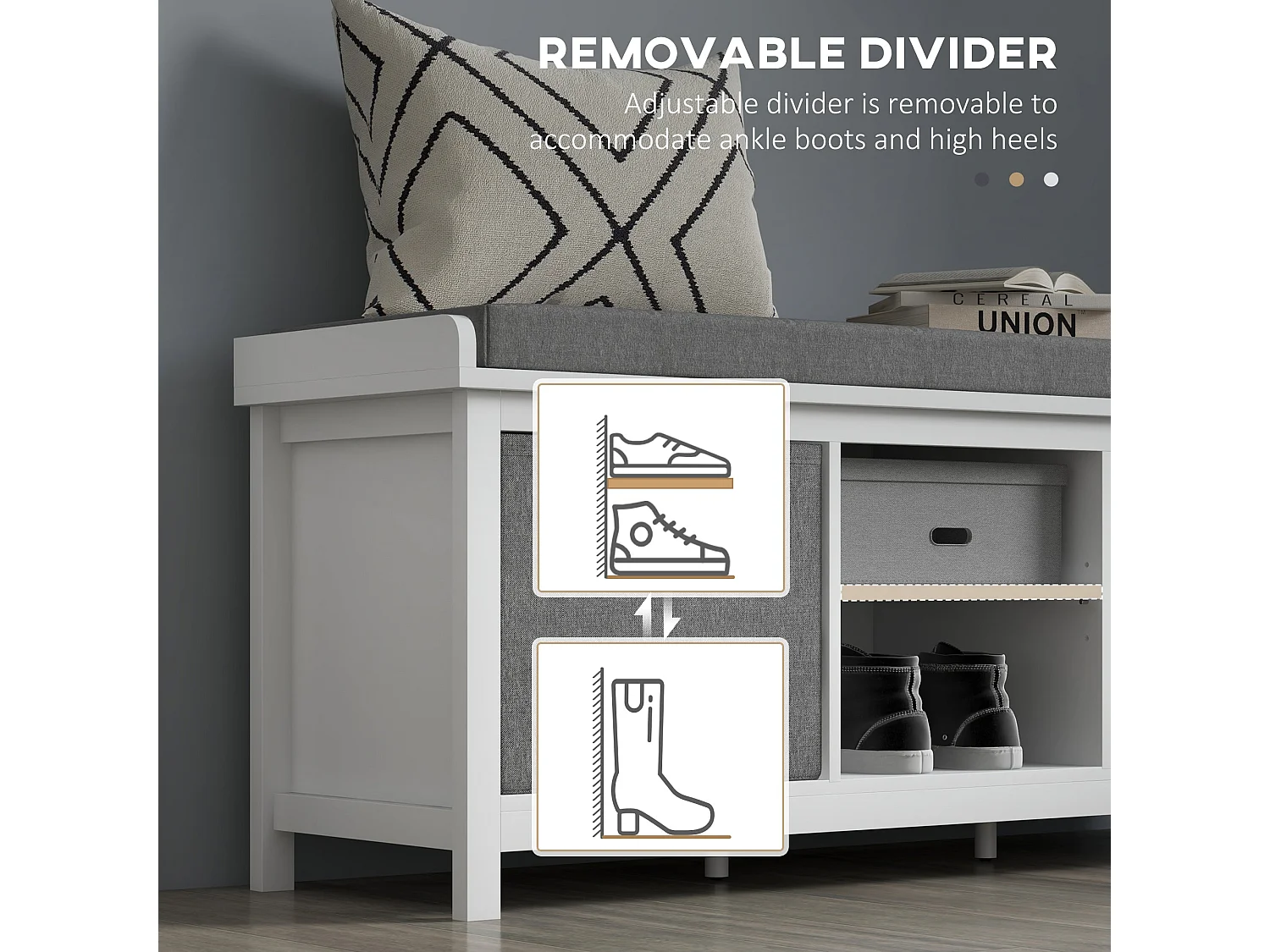 Keso Shoe Storage Bench White and Grey with Cushioned Seat