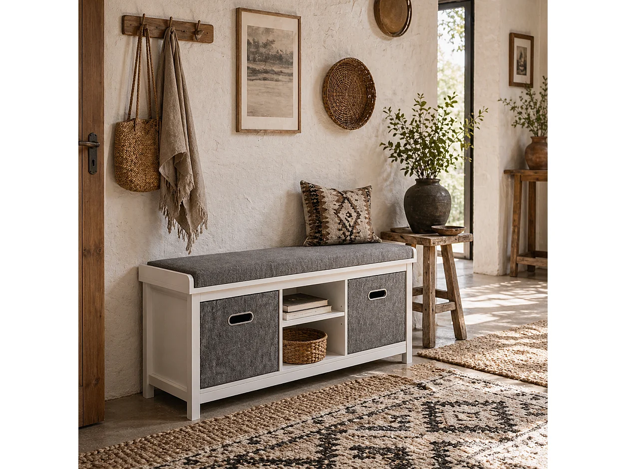 Keso Shoe Storage Bench White and Grey with Cushioned Seat