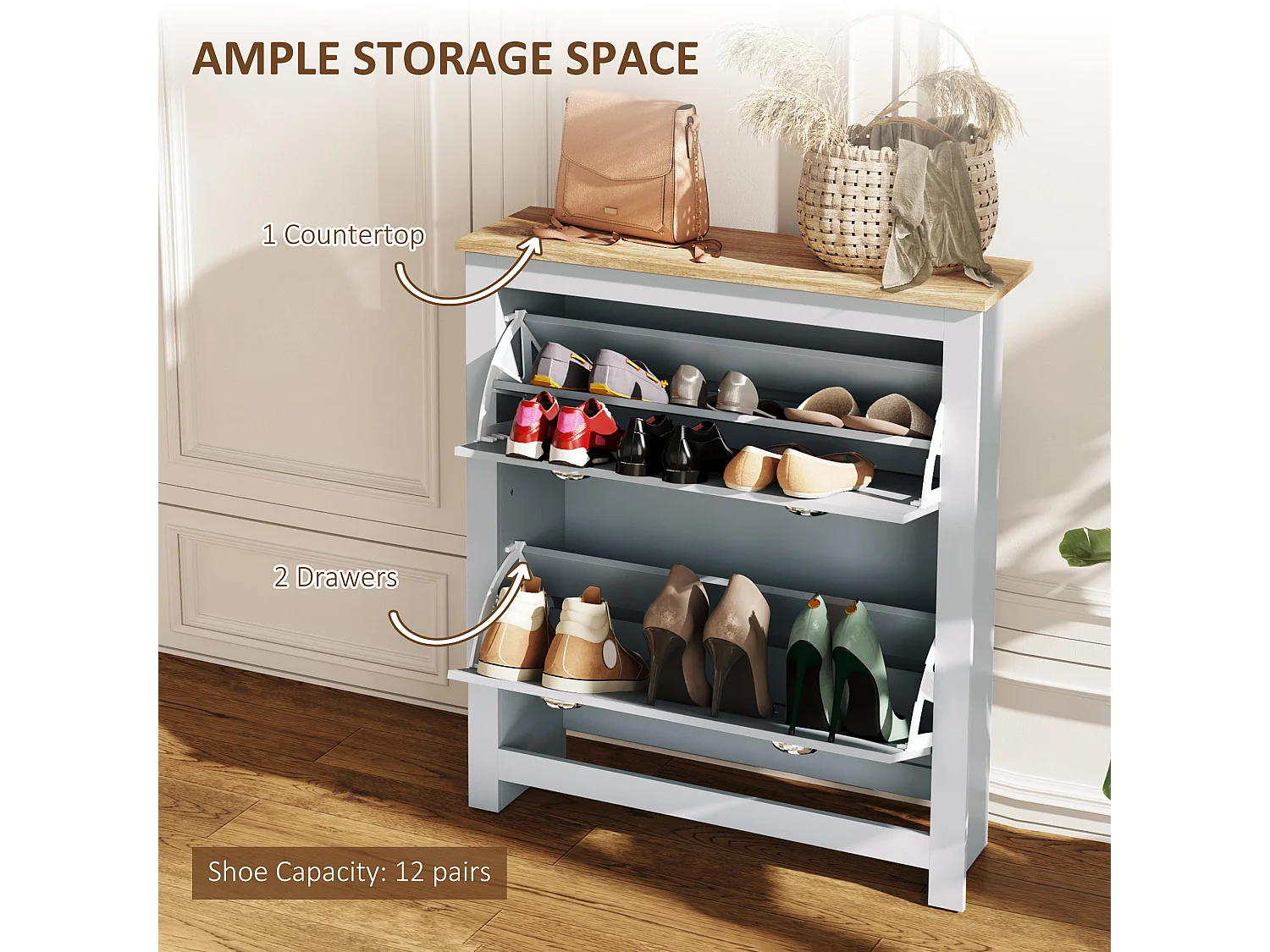 Kamcha Grey and Natural Narrow Shoe Cabinet with 2 Flip Drawers Stores 6 to 12 Pairs