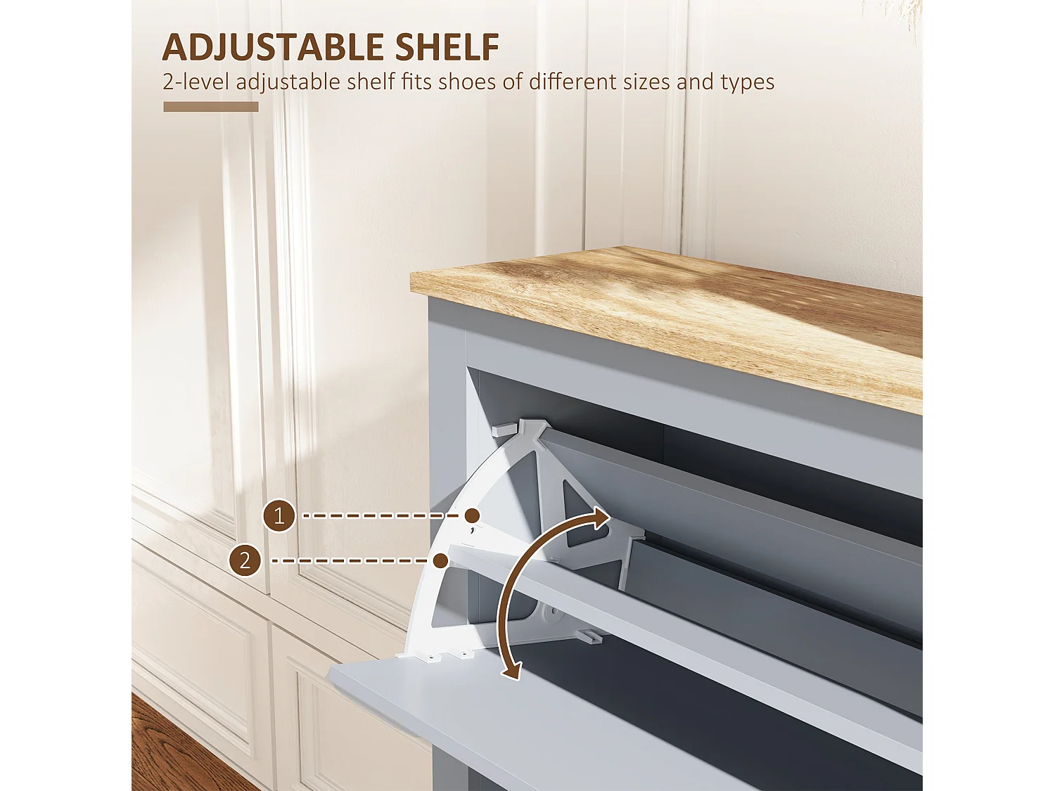 Kamcha Grey and Natural Narrow Shoe Cabinet with 2 Flip Drawers Stores 6 to 12 Pairs