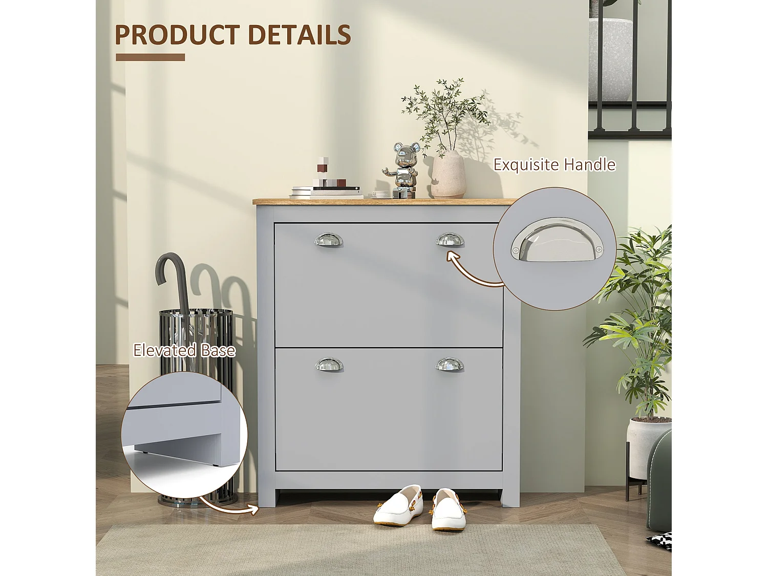 Kamcha Grey and Natural Narrow Shoe Cabinet with 2 Flip Drawers Stores 6 to 12 Pairs