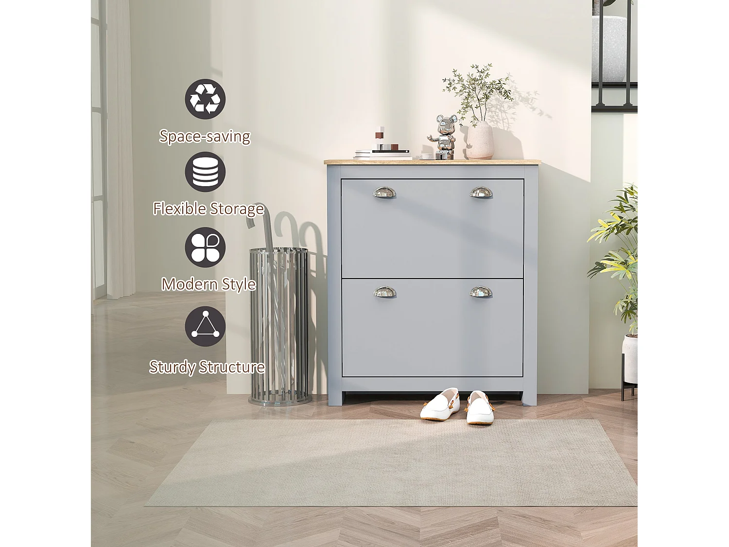 Kamcha Grey and Natural Narrow Shoe Cabinet with 2 Flip Drawers Stores 6 to 12 Pairs