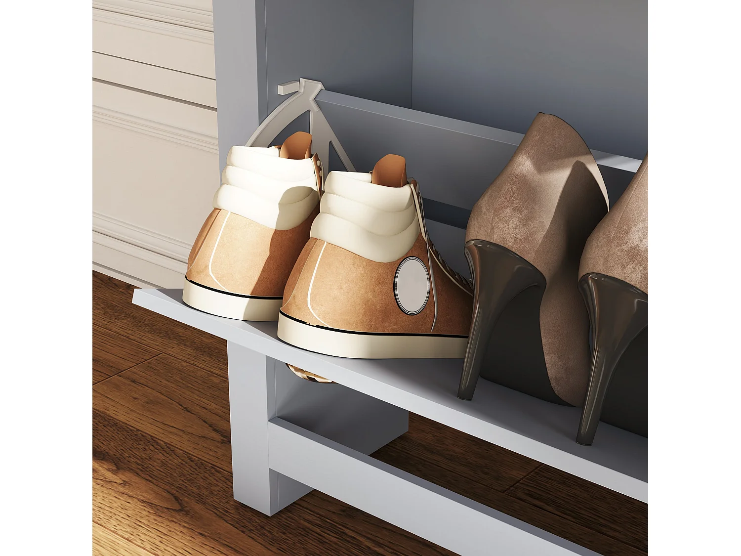 Kamcha Grey and Natural Narrow Shoe Cabinet with 2 Flip Drawers Stores 6 to 12 Pairs