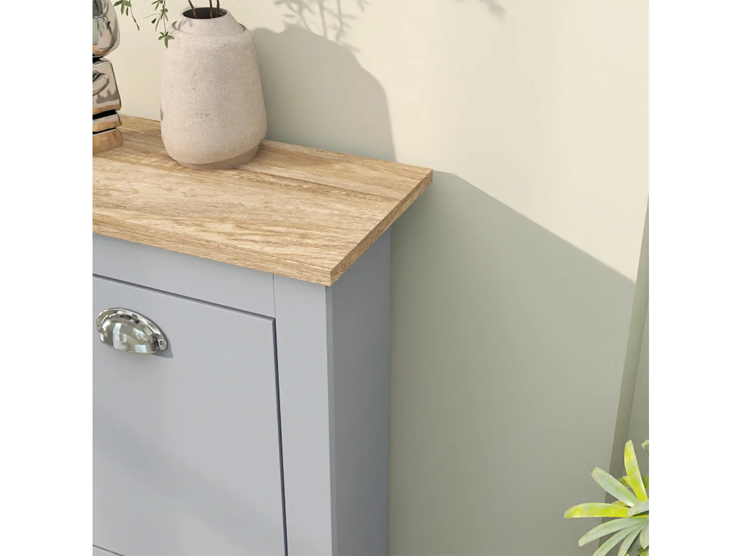 Kamcha Grey and Natural Narrow Shoe Cabinet with 2 Flip Drawers Stores 6 to 12 Pairs