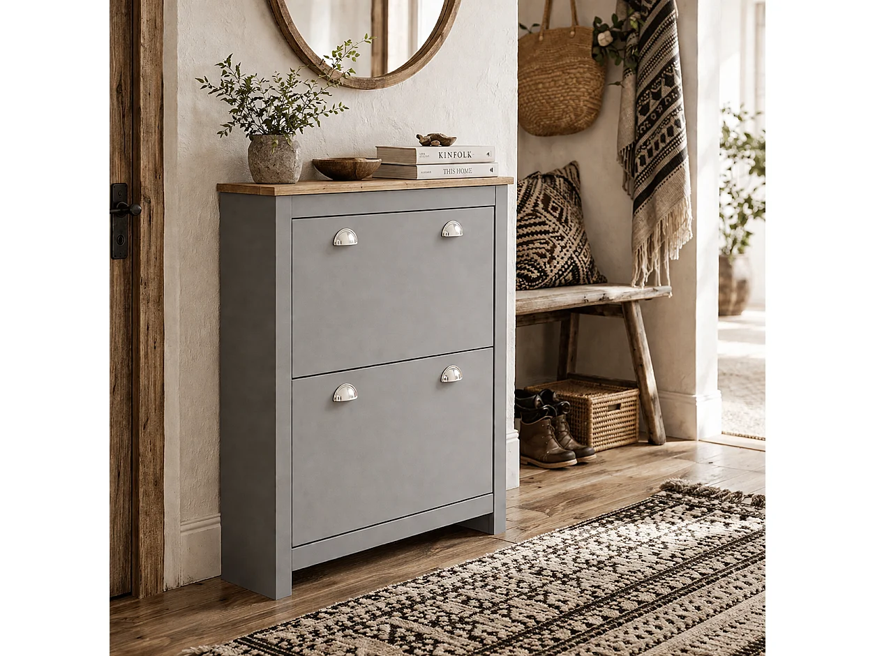 Kamcha Grey and Natural Narrow Shoe Cabinet with 2 Flip Drawers Stores 6 to 12 Pairs