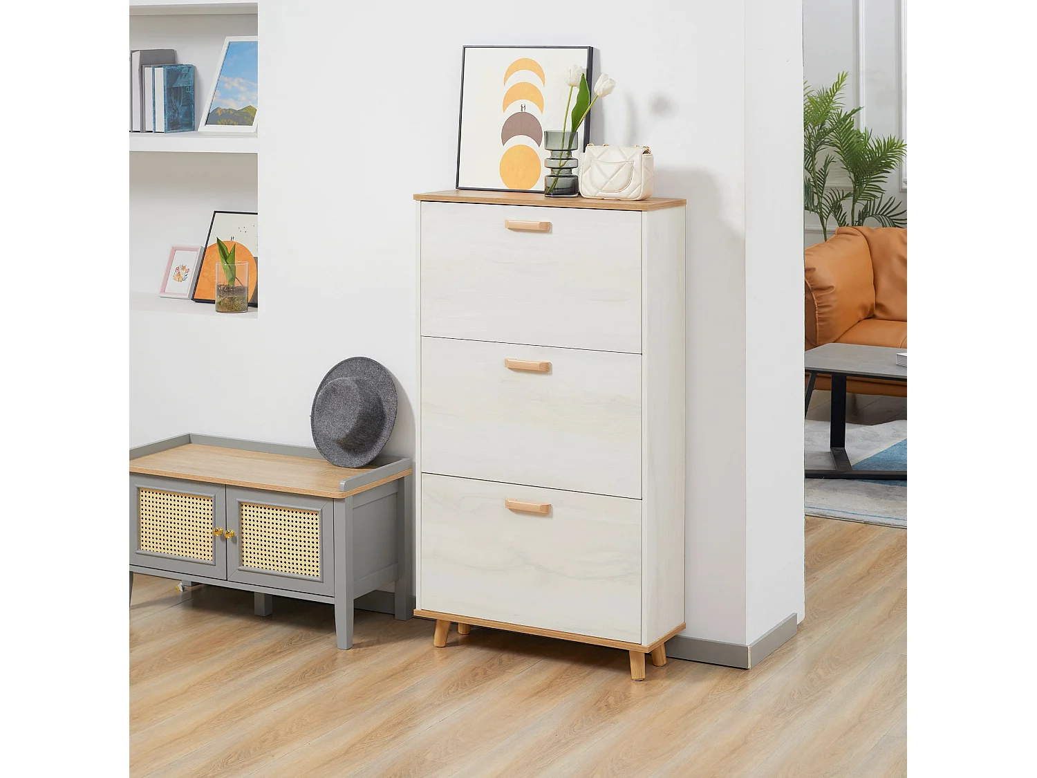 Romola Slim Cream White and Natural Shoe Cabinet with 3 Flip Drawers Fits up to 12 Pairs