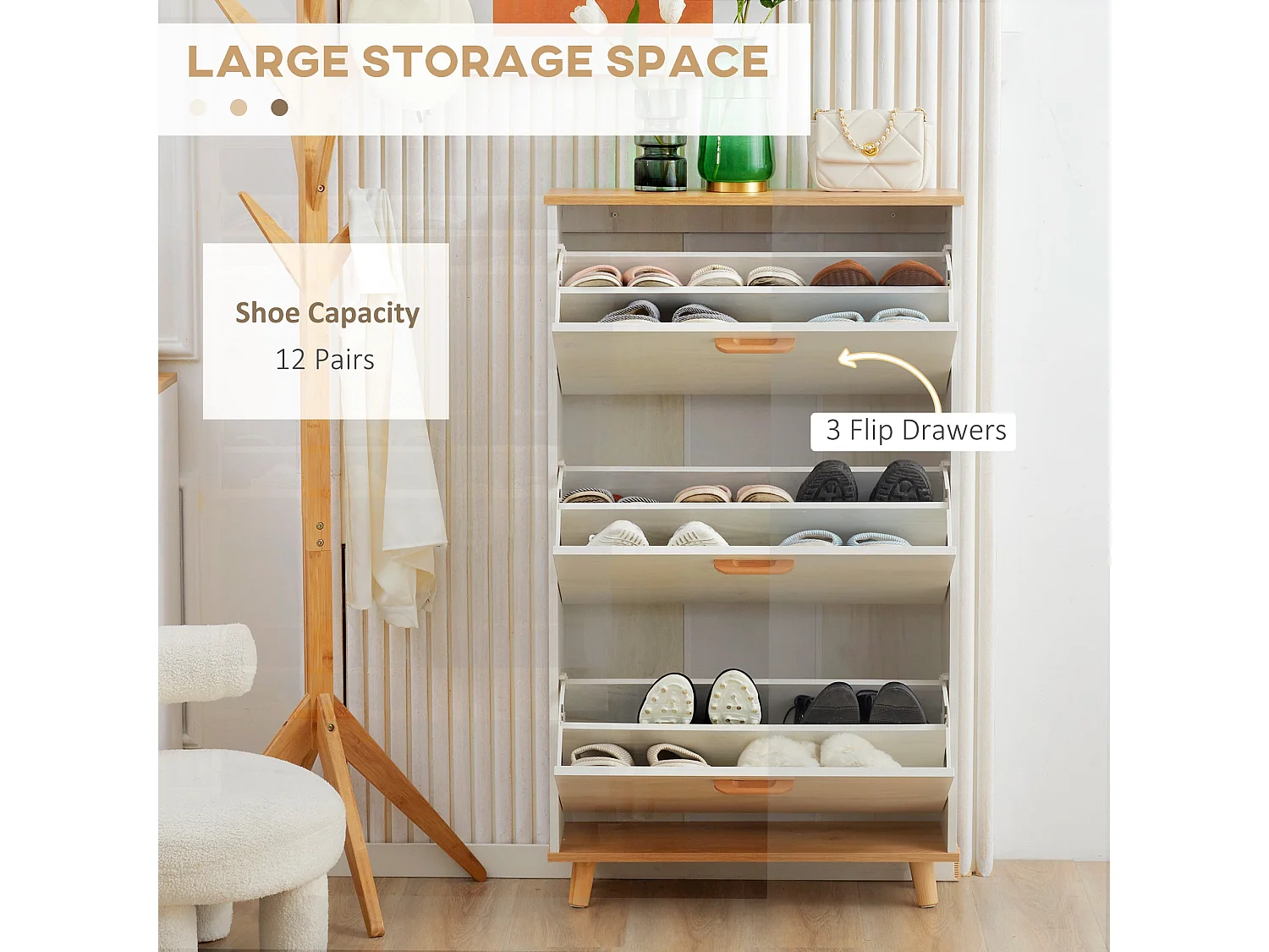 Romola Slim Cream White and Natural Shoe Cabinet with 3 Flip Drawers Fits up to 12 Pairs