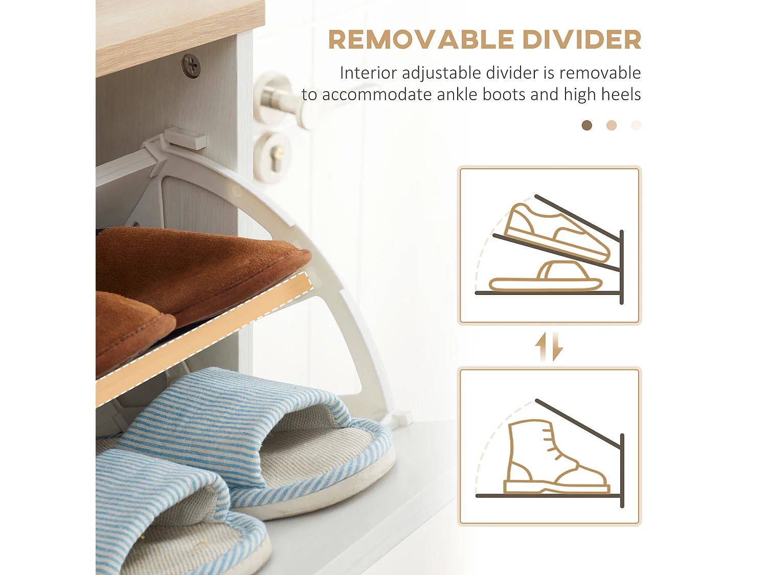 Romola Slim Cream White and Natural Shoe Cabinet with 3 Flip Drawers Fits up to 12 Pairs