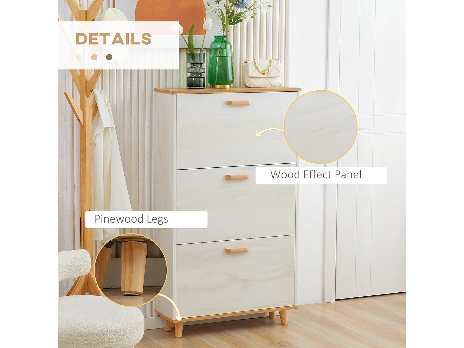 Romola Slim Cream White and Natural Shoe Cabinet with 3 Flip Drawers Fits up to 12 Pairs
