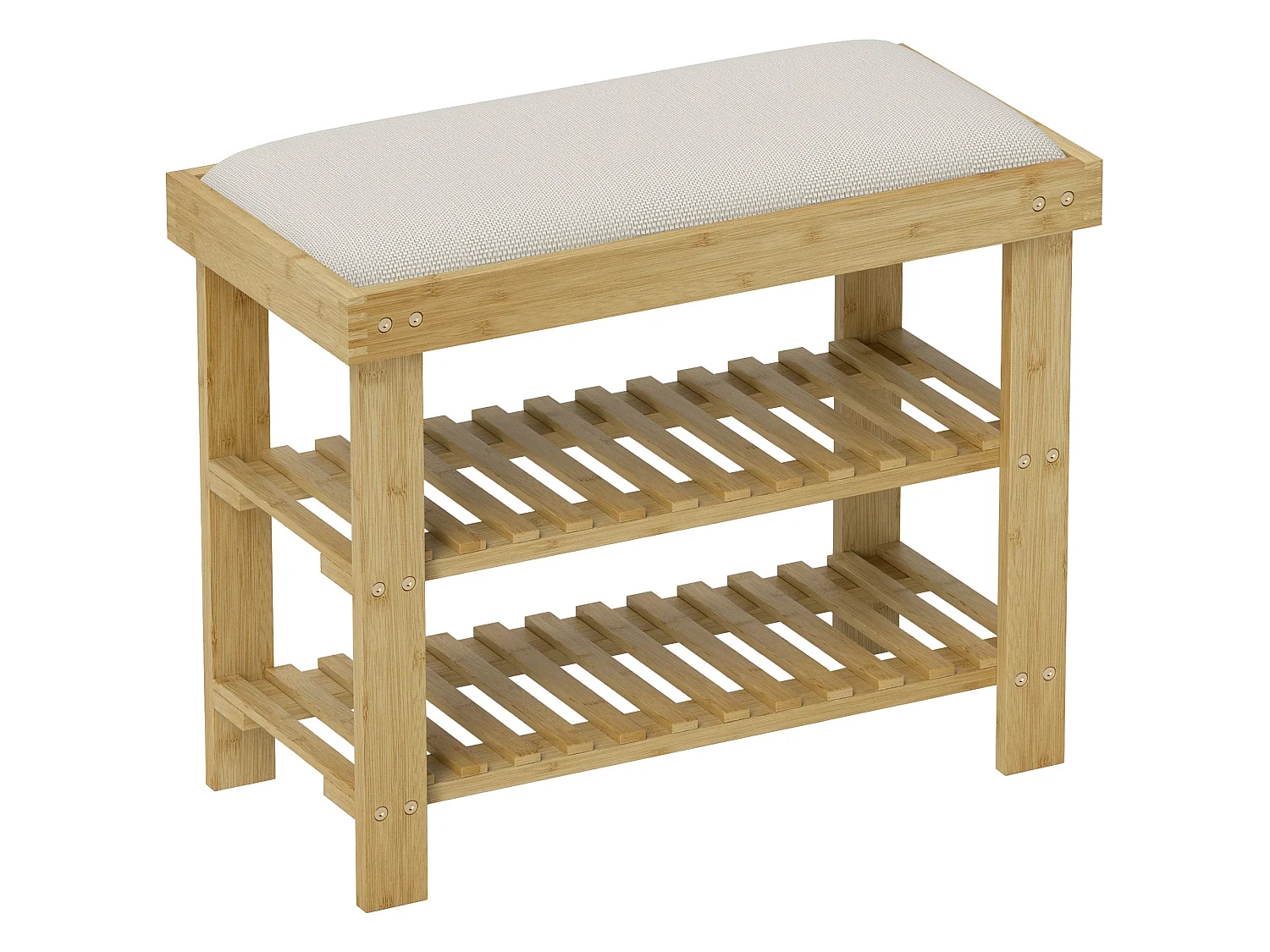Fisuso 60cm Bamboo Cream White 3 Tier Shoe Bench With Cushioned Seat