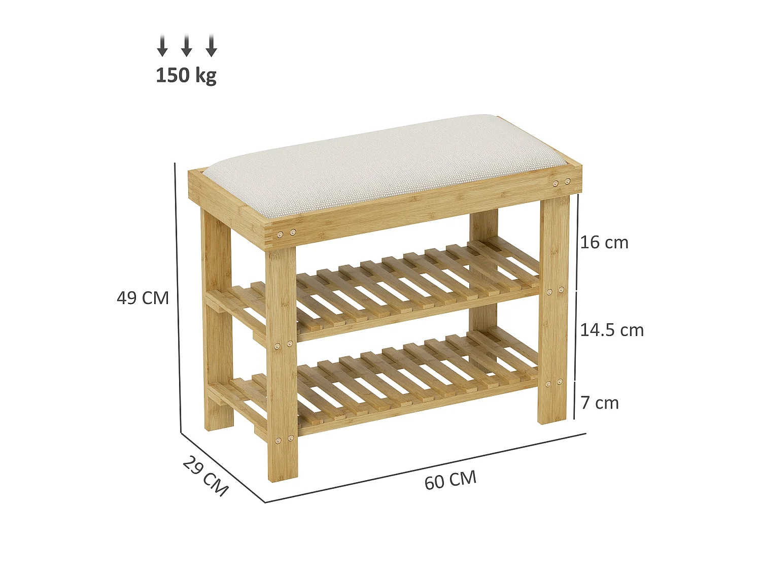 Fisuso 60cm Bamboo Cream White 3 Tier Shoe Bench With Cushioned Seat
