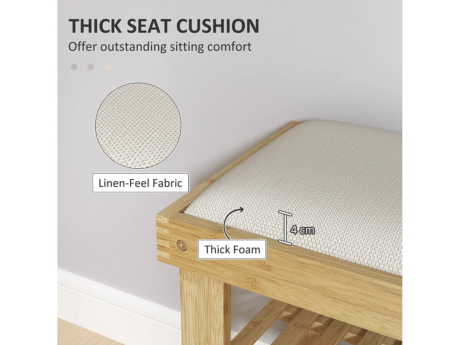 Fisuso 60cm Bamboo Cream White 3 Tier Shoe Bench With Cushioned Seat