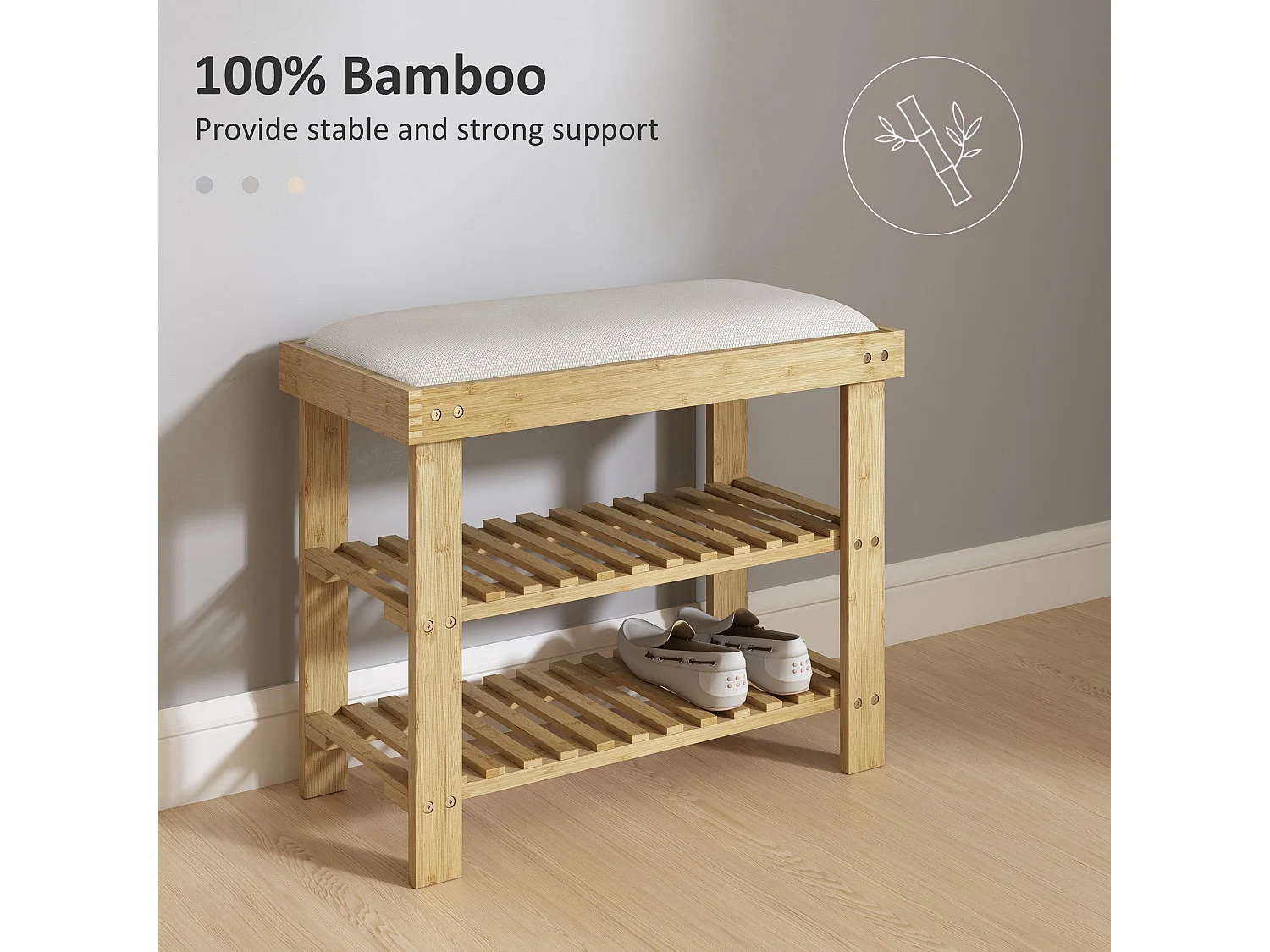 Fisuso 60cm Bamboo Cream White 3 Tier Shoe Bench With Cushioned Seat