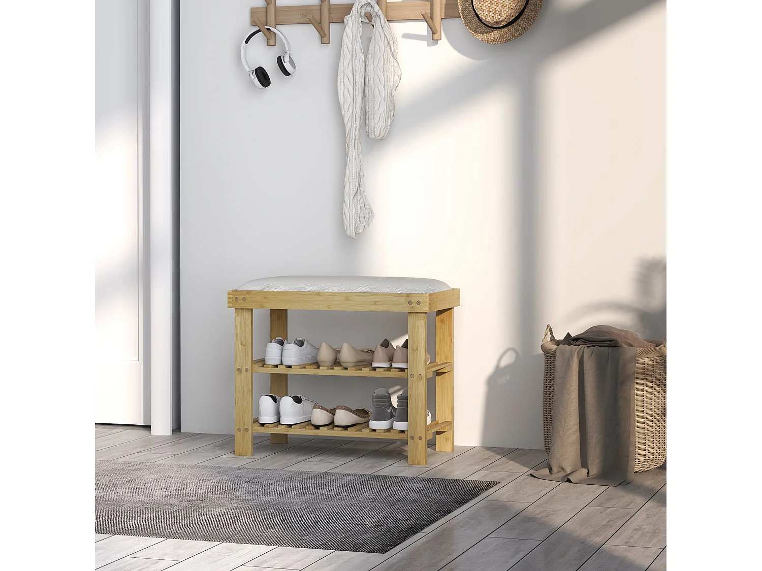 Fisuso 60cm Bamboo Cream White 3 Tier Shoe Bench With Cushioned Seat