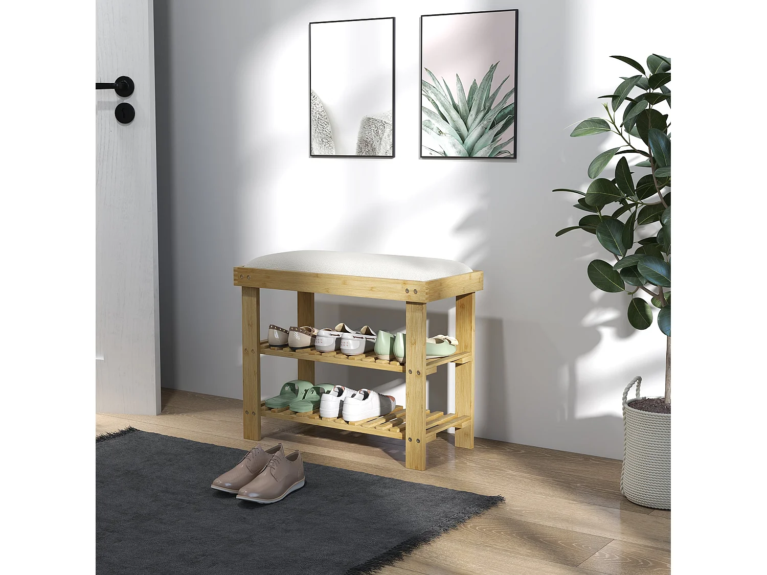 Fisuso 60cm Bamboo Cream White 3 Tier Shoe Bench With Cushioned Seat