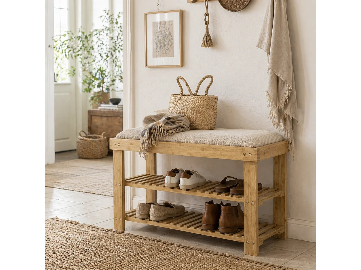 Fisuso 60cm Bamboo Cream White 3 Tier Shoe Bench With Cushioned Seat
