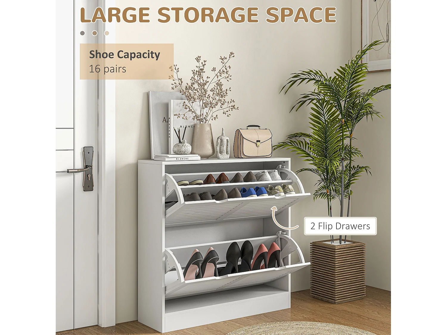 Nelu Neka White Slim Shoe Cabinet 2 Flip Drawers Slatted Design