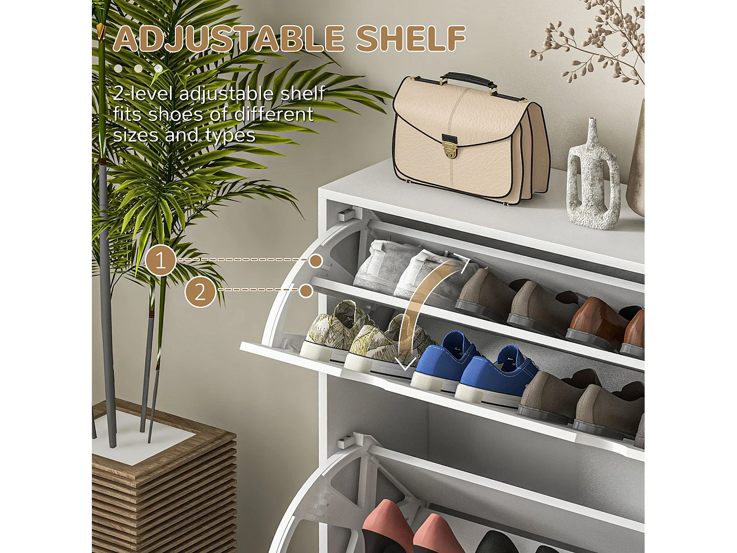 Nelu Neka White Slim Shoe Cabinet 2 Flip Drawers Slatted Design