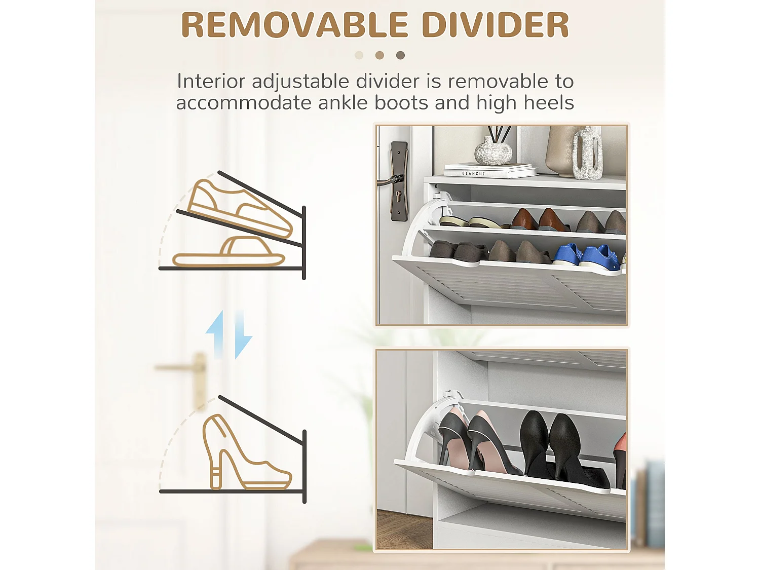 Nelu Neka White Slim Shoe Cabinet 2 Flip Drawers Slatted Design