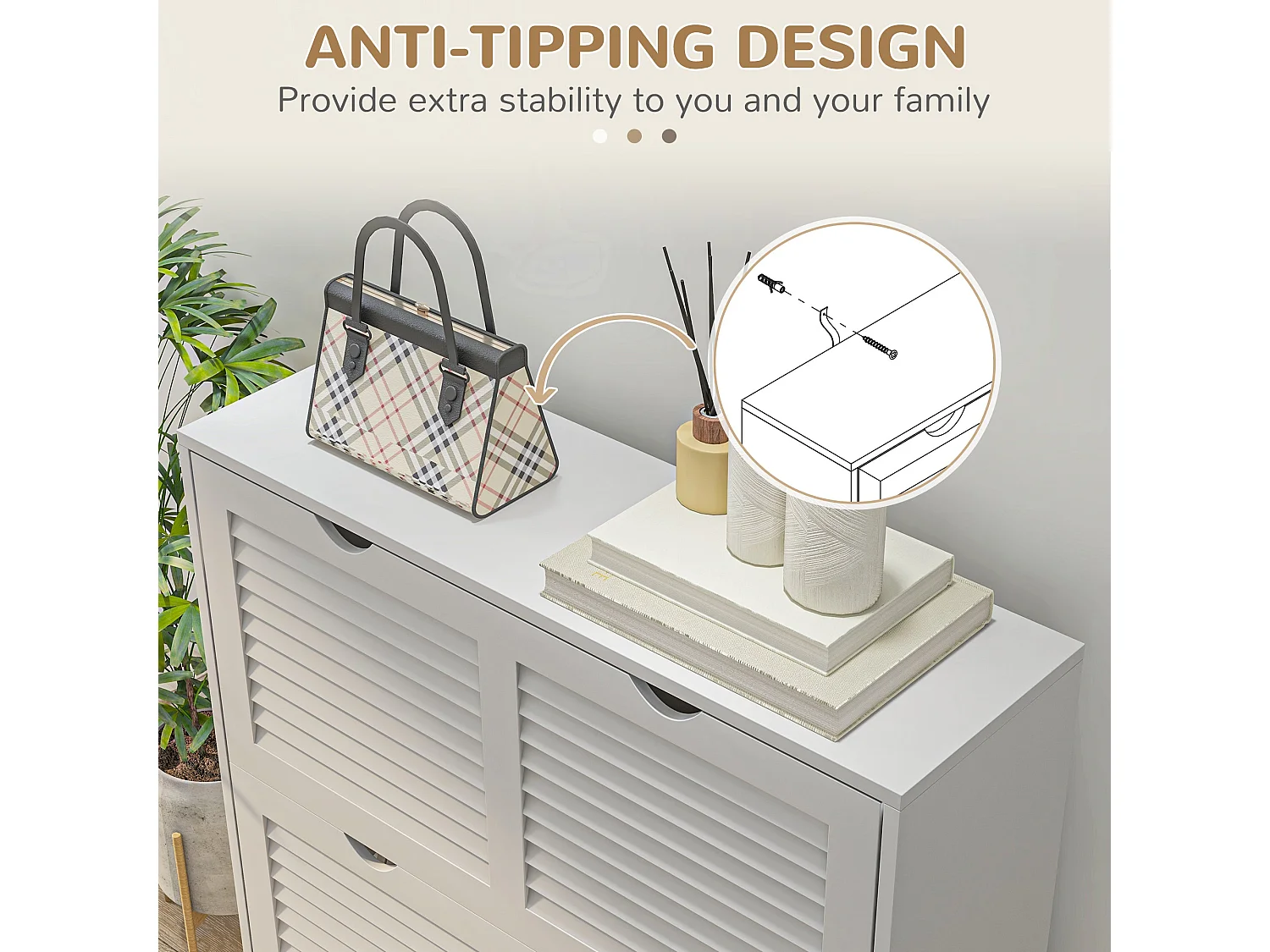 Nelu Neka White Slim Shoe Cabinet 2 Flip Drawers Slatted Design