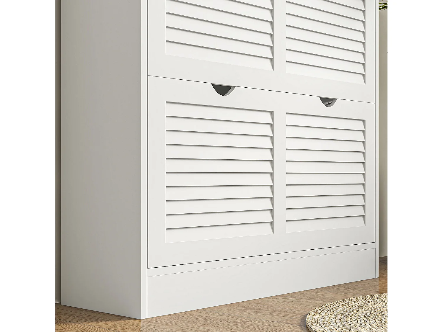 Nelu Neka White Slim Shoe Cabinet 2 Flip Drawers Slatted Design