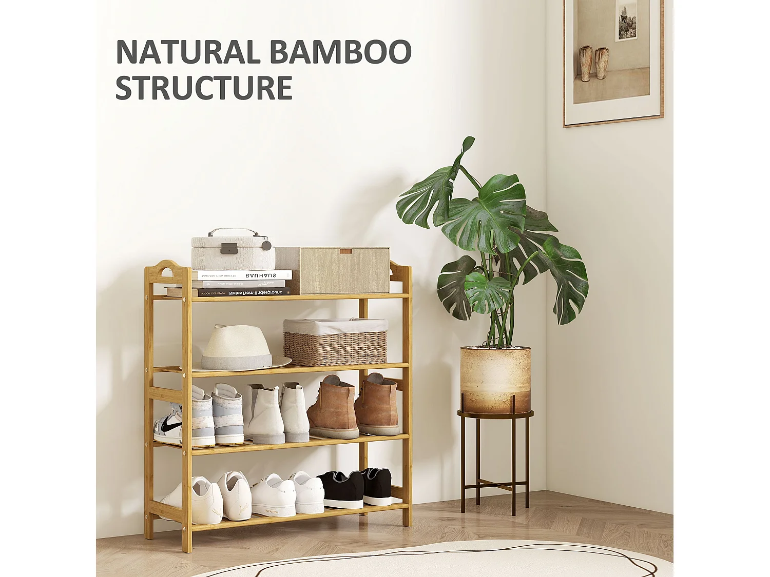 Dicove Bamboo 4 Tier Freestanding Shoe Rack Slatted Shelves Natural Finish