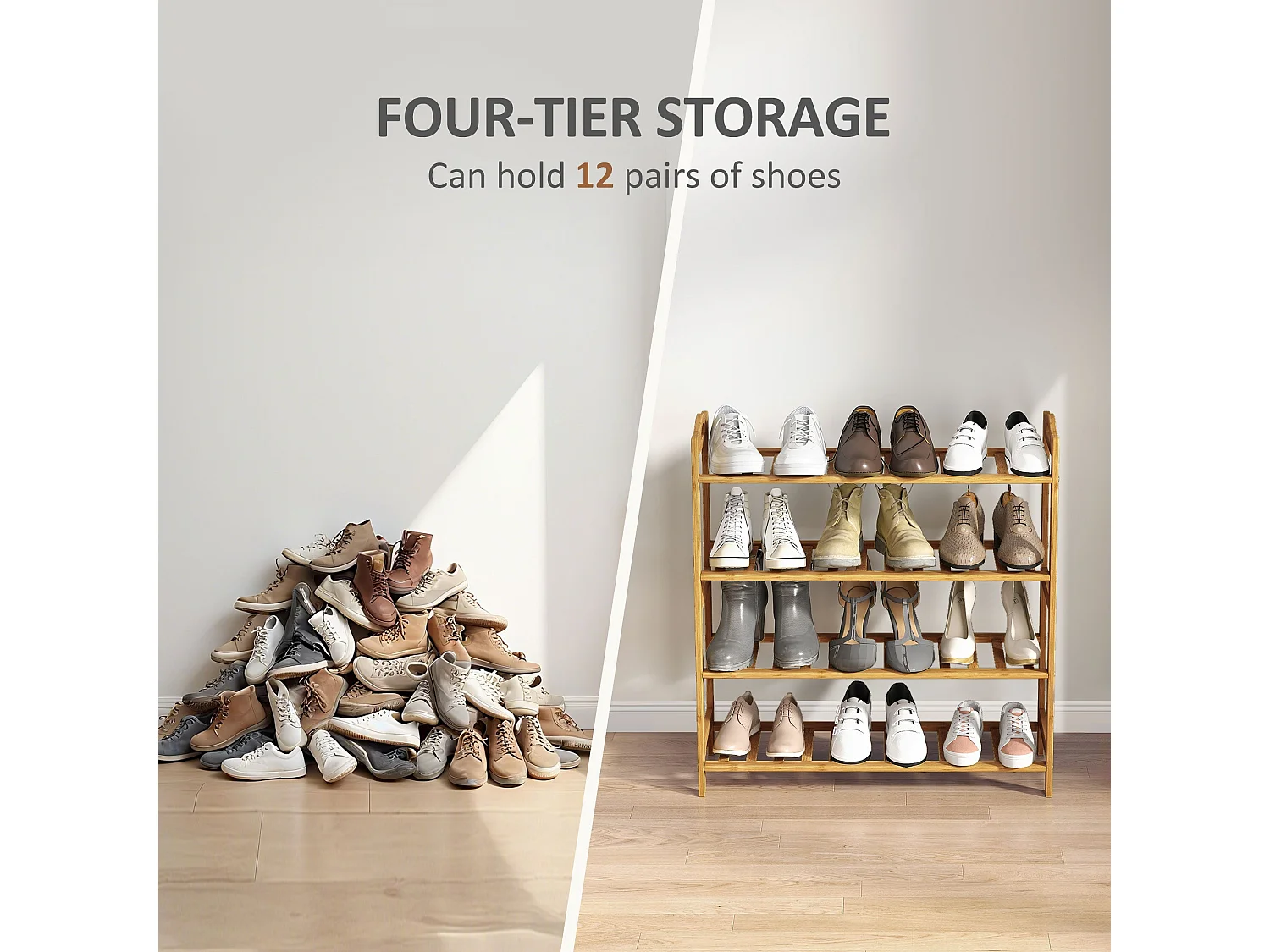 Dicove Bamboo 4 Tier Freestanding Shoe Rack Slatted Shelves Natural Finish