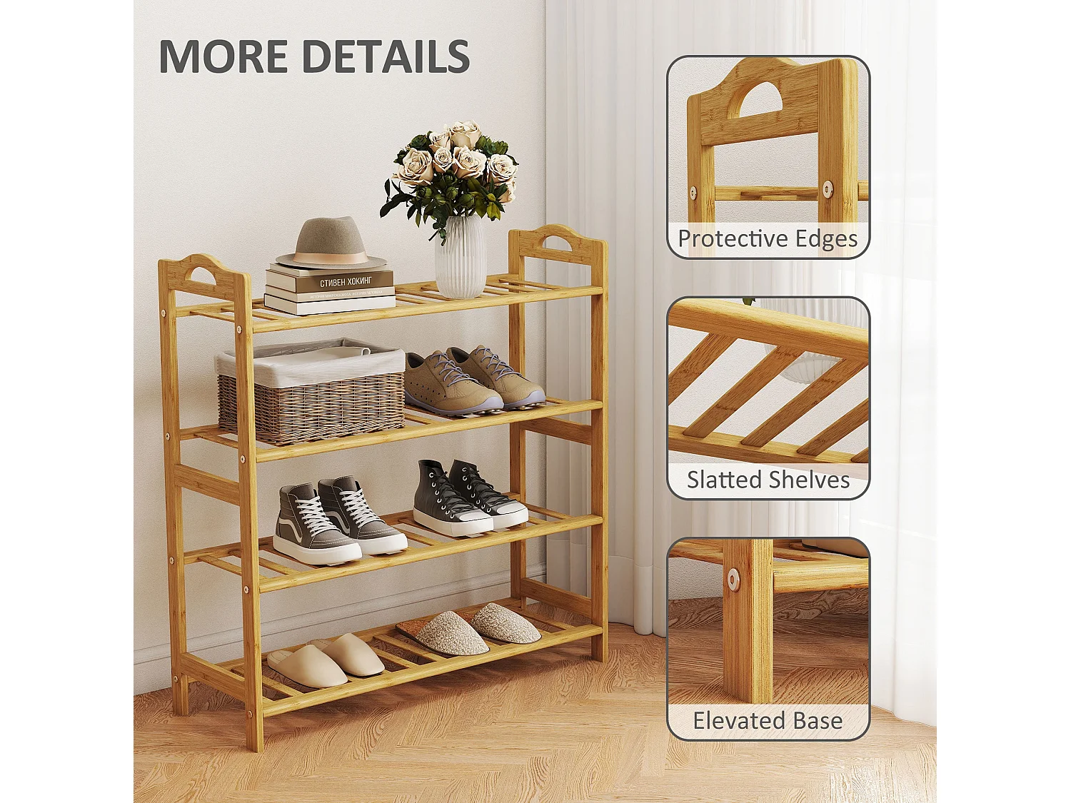 Dicove Bamboo 4 Tier Freestanding Shoe Rack Slatted Shelves Natural Finish