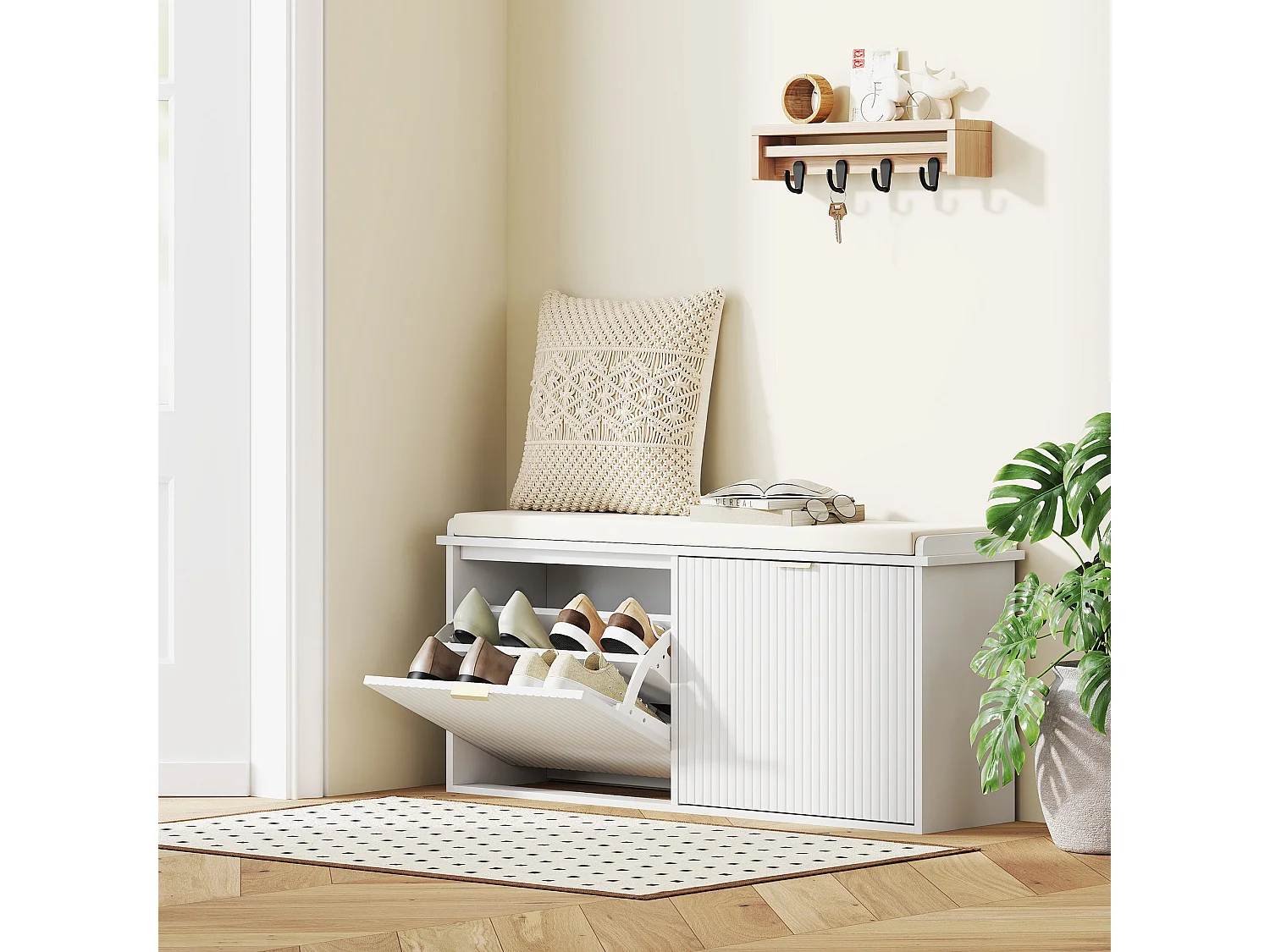 Fasu Liha 10 Pair White Shoe Bench with Beige Cushioned Top
