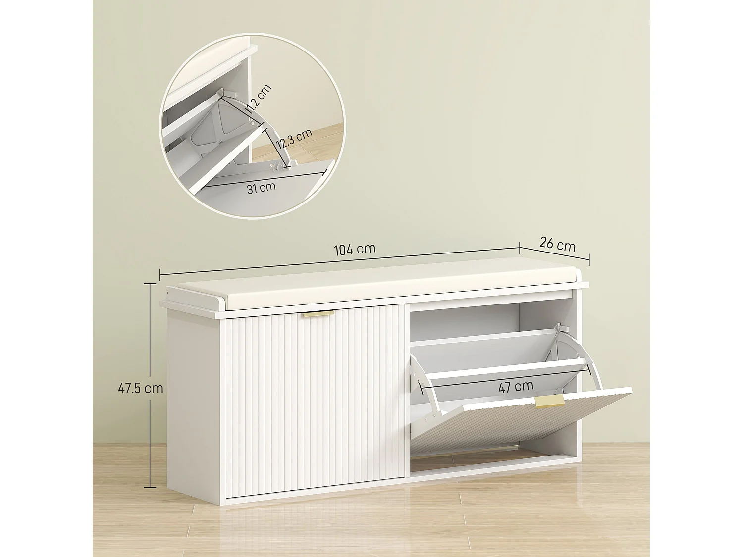 Fasu Liha 10 Pair White Shoe Bench with Beige Cushioned Top