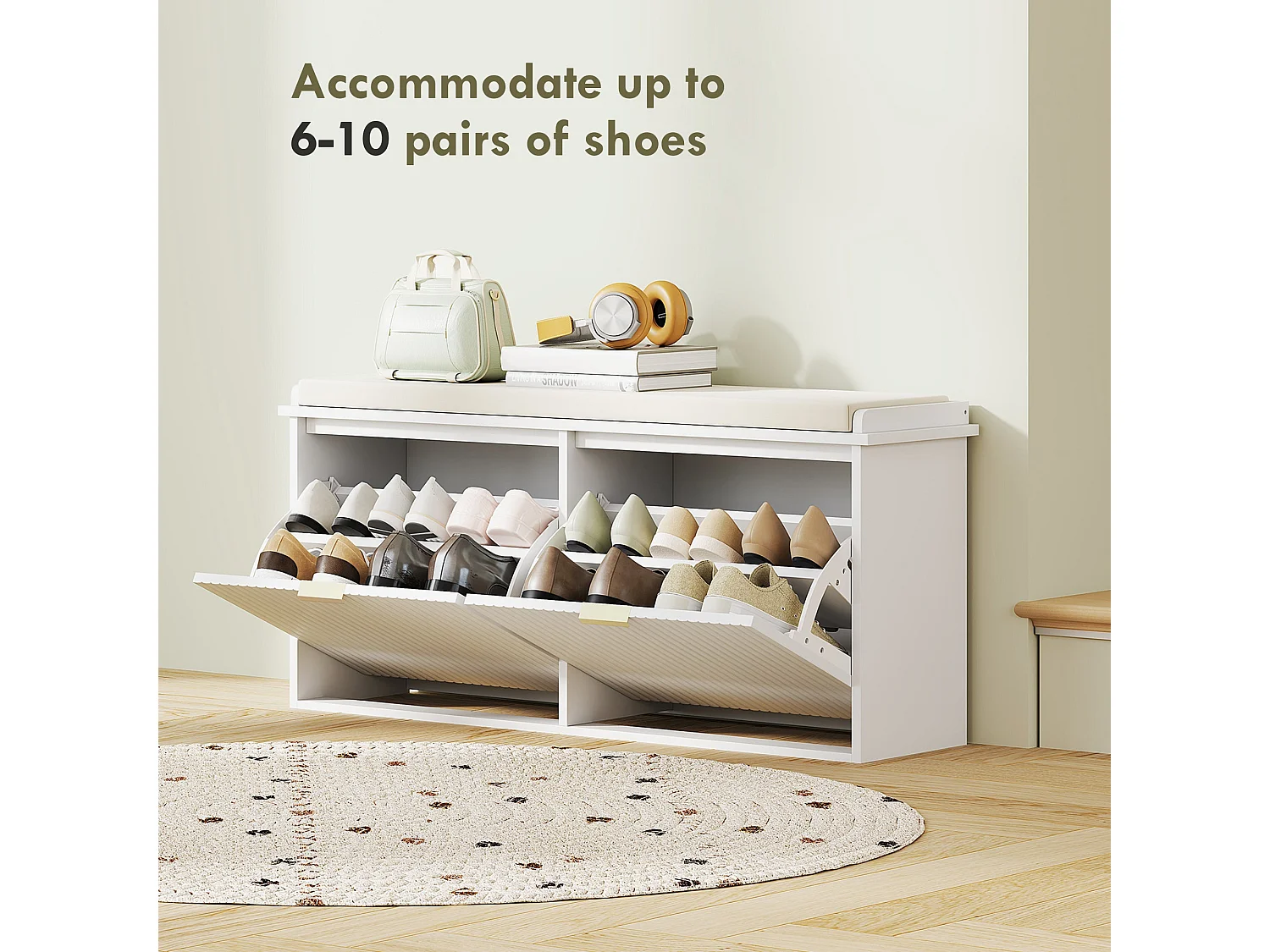 Fasu Liha 10 Pair White Shoe Bench with Beige Cushioned Top