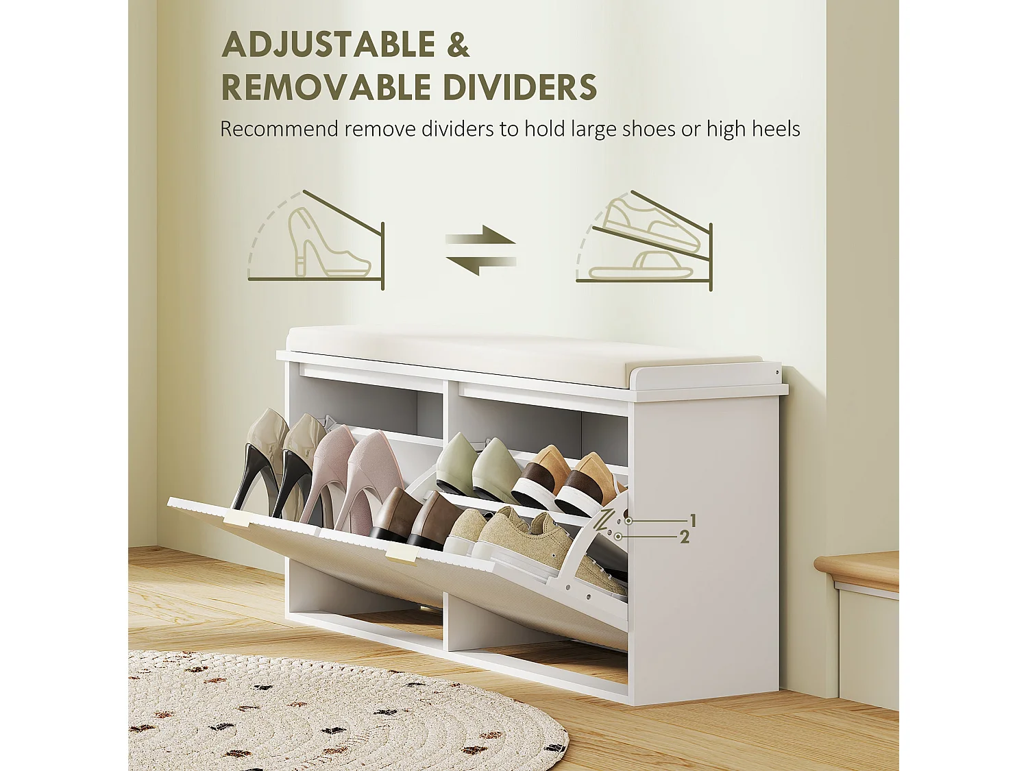 Fasu Liha 10 Pair White Shoe Bench with Beige Cushioned Top