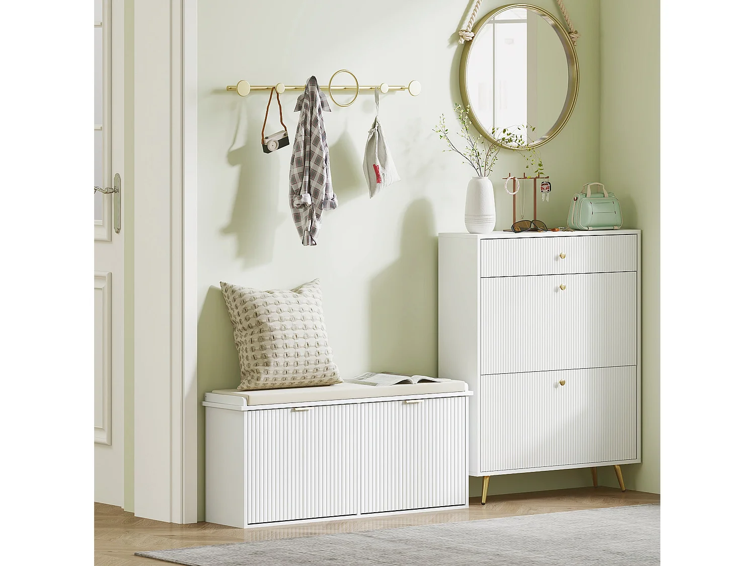 Fasu Liha 10 Pair White Shoe Bench with Beige Cushioned Top