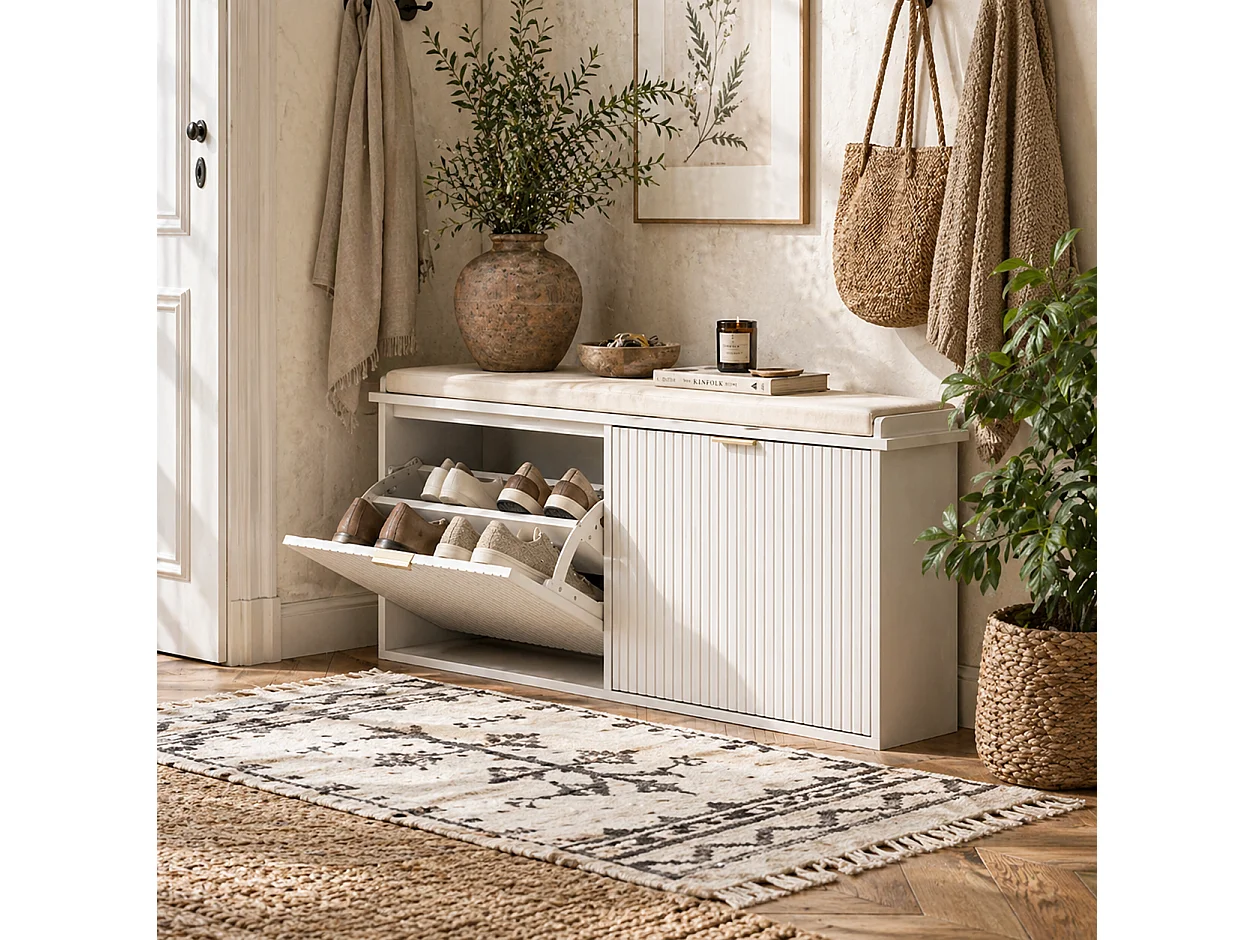 Fasu Liha 10 Pair White Shoe Bench with Beige Cushioned Top
