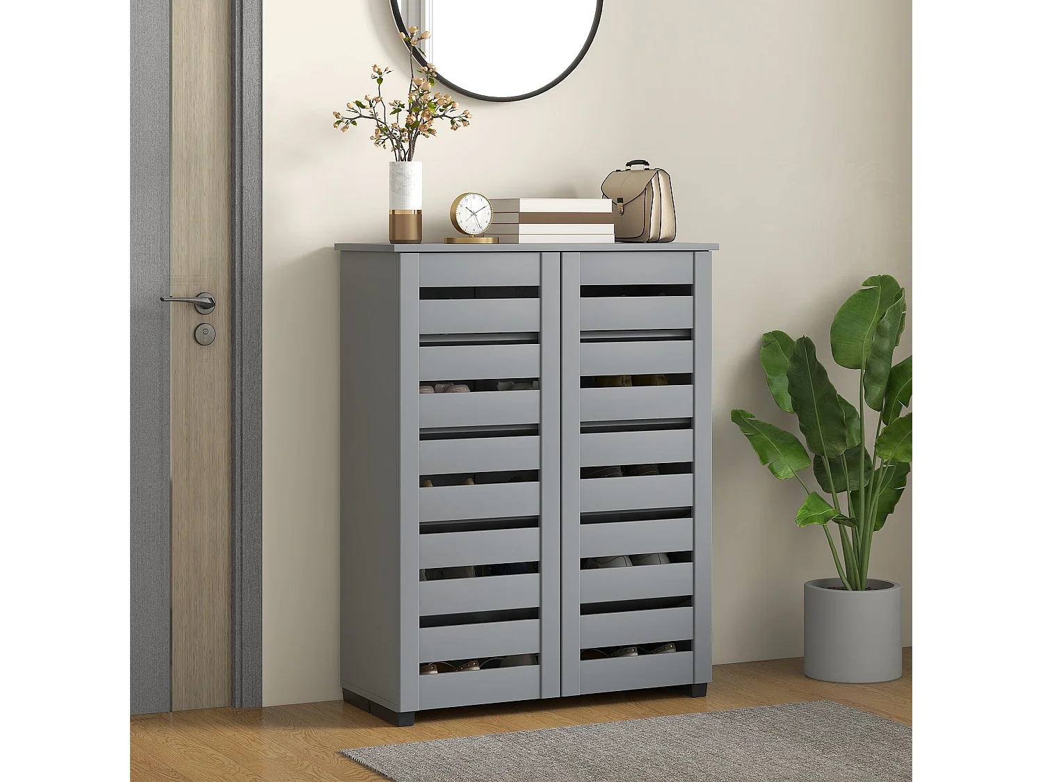 Zifa Slim Dark Grey Shoe Cabinet 5 Tier Storage with Slatted Doors