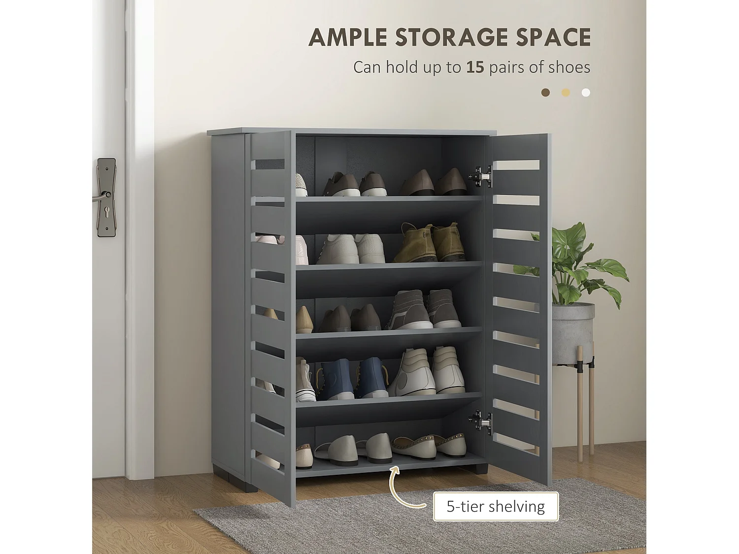 Zifa Slim Dark Grey Shoe Cabinet 5 Tier Storage with Slatted Doors