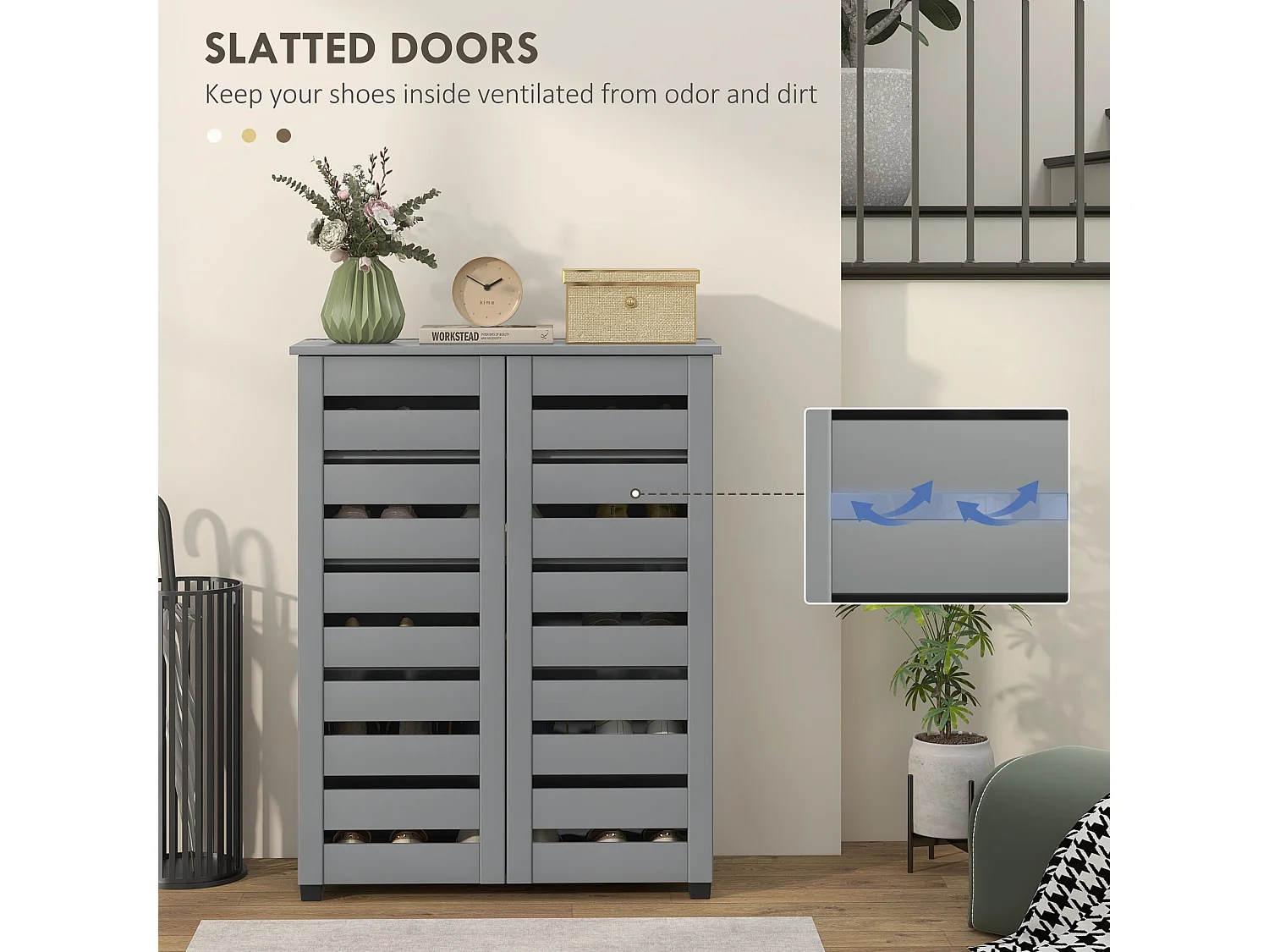 Zifa Slim Dark Grey Shoe Cabinet 5 Tier Storage with Slatted Doors