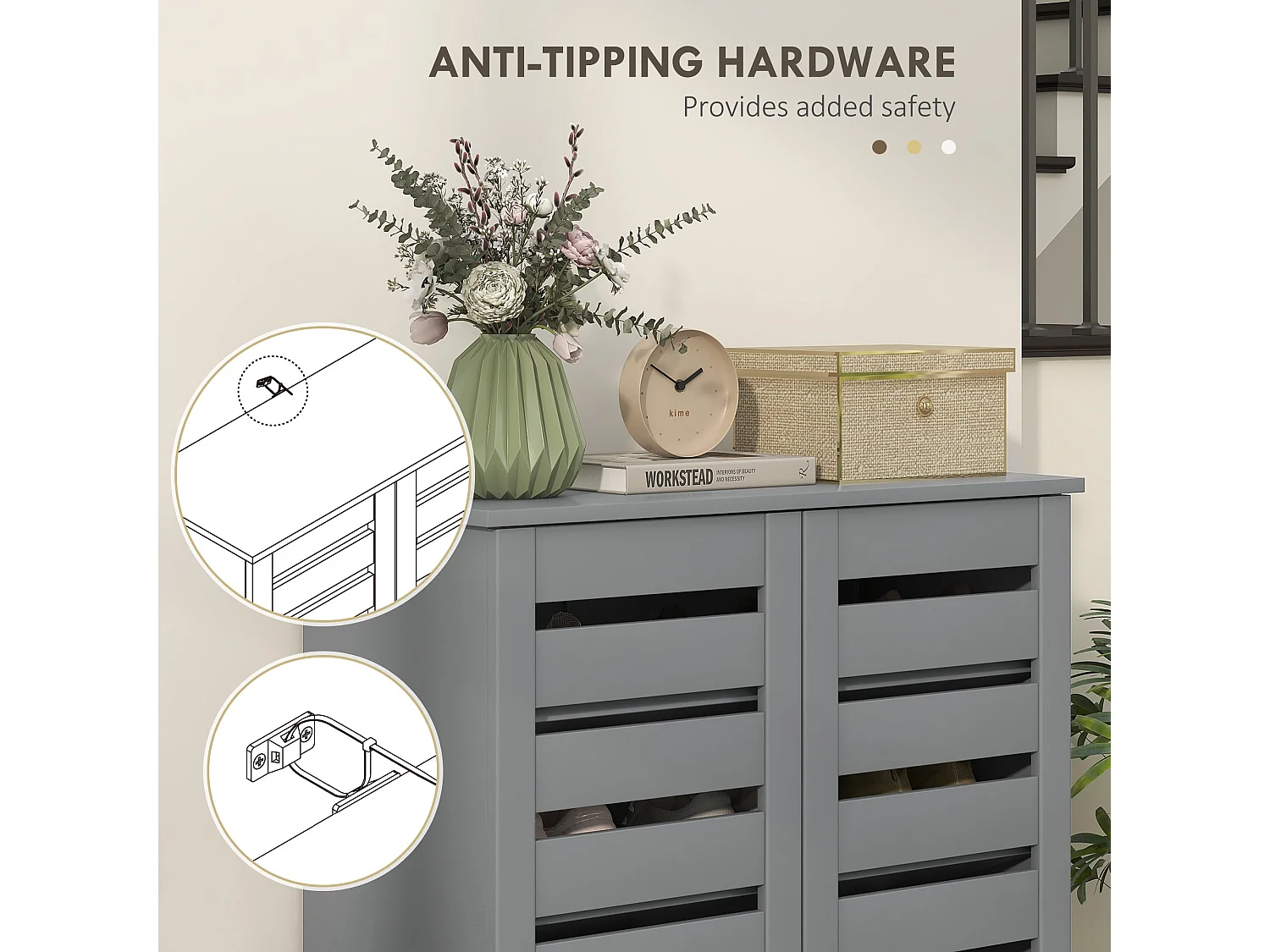 Zifa Slim Dark Grey Shoe Cabinet 5 Tier Storage with Slatted Doors