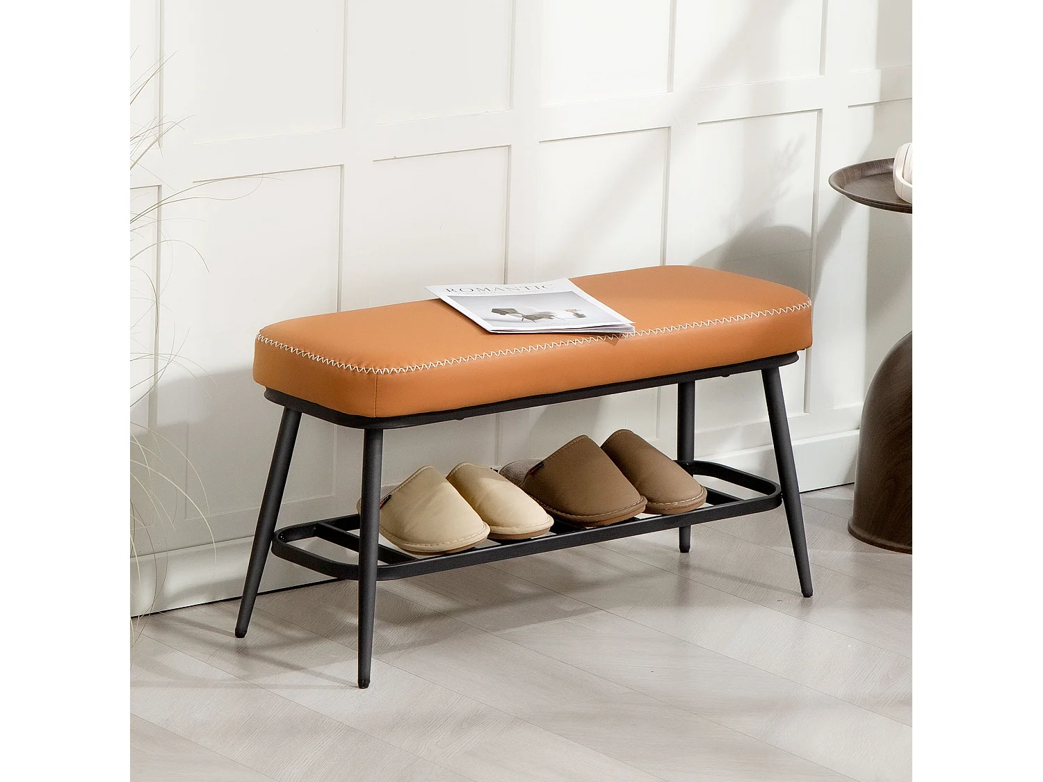 Elbani Faux Leather Orange Shoe Storage Bench with Cushioned Seat
