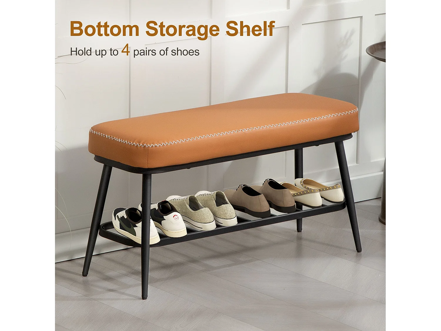Elbani Faux Leather Orange Shoe Storage Bench with Cushioned Seat